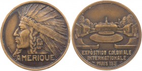 GEWERBE, HANDEL, INDUSTRIE INTERNATIONALE AUSSTELLUNGEN
Paris (1931) Bronzemedaille 1931 v. Lucien Bazor, bei Monnaie de Paris Vs.: AMERIQUE, Indiane...