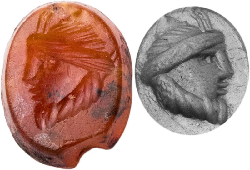 GEMMEN UND SIEGELSTEINE
 Intaglio Karneol, orange-rot mit dunklen Einschlüssen,...