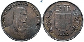 Switzerland.  AD 1922. P. Burkhard, engraver. Confederation 5 Francs AR