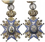 SERBIA
Milan Obrenovich IV, 1868-1889.
Ordine di San Sava. Insegna di Cavaliere con nastro bianco e blu.
Æ, dorato con smalti bianco e blu, gr. 28,...