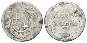 BOLOGNA
Clemente XII (Lorenzo Corsini), 1730-1740. 
Carlino da 5 Bolognini 1736.
Ag, gr. 1,26
Dr. Stemma di Bologna ovale in cornice sormontato da...