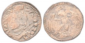 FERRARA
Alfonso II d’Este, 1559-1597.
Sesino.
Æ, gr. 1,01
Dr. Busto corazzato a s.
Rv. Aquila coronata ad ali spiegate.
CNI 132/133; MIR 324.
R...