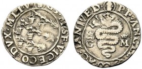 MILANO
Galeazzo Maria Sforza, Duca di Milano, 1466-1476.
Grosso da 5 soldi.
Ag, gr. 2,57
Dr. I tizzoni ardenti con le secchie.
Rv. Biscia coronat...