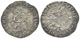 NAPOLI
Roberto d’Angiò, 1309-1343.
Gigliato.
Ag, gr. 3,95
Dr. ROBERT DEIGRA IIERLET SICIL REX. Il re, coronato, seduto tra due protomi di leoni, t...