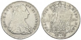 NAPOLI
Carlo di Borbone, 1734-1759.
Piastra da 120 Grana 1750.
Ag, gr. 24,68
Dr. CAR D G UTR - SIC ET HIER REX. Busto corazzato a d.; sulla spalla...