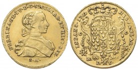 NAPOLI
Ferdinando IV (I) di Borbone, 1759-1816.
6 Ducati 1762, sigle I A.
Au, gr. 8,78
Dr. FERDINAND IV D G SICILIAR ET HIER REX. Busto infantile ...