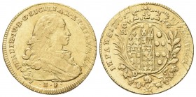 NAPOLI
Ferdinando IV (I) di Borbone, 1759-1816.
6 Ducati 1770, iniziali BP.
Au, gr. 8,75
Dr. FERDINAN IV D G SICILIAR ET HIER REX. Busto infantile...