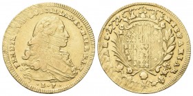 NAPOLI
Ferdinando IV (I) di Borbone, 1759-1816.
6 Ducati 1772, ribattuto 2 su 1.
Au, gr. 8,80
Dr. FERDIN IV D G SICILIAR ET HIER REX. Busto infant...