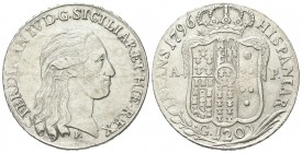 NAPOLI
Ferdinando IV (I) di Borbone, 1759-1816.
Piastra da 120 Grana 1796.
Ag, gr. 27,22
Dr. FERDINAN IV D G SICILIAR ET HIE REX. Testa nuda a d....