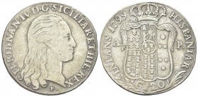 NAPOLI
Ferdinando IV (I) di Borbone, 1759-1816.
Piastra da 120 Grana 1799 sigle m/AP.
Ag, gr. 27,21
Dr. FERDINAN IV D G SICILIAR ET HIE REX. Testa...