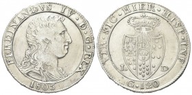 NAPOLI
Ferdinando IV (I) di Borbone, 1759-1816.
Piastra da 120 Grana 1805 stemma grande.
Ag, gr. 27,35
Dr. Busto a d.
Rv. Stemma coronato. 
Pann...