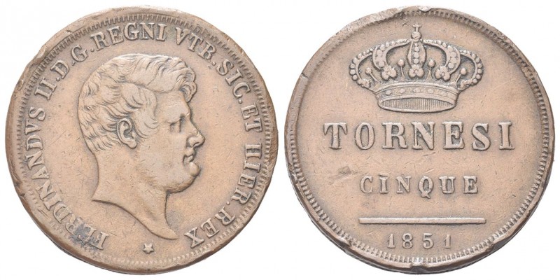 NAPOLI
Ferdinando II di Borbone, 1830-1859.
5 Tornesi 1851.
Æ, 
Dr. Testa nu...