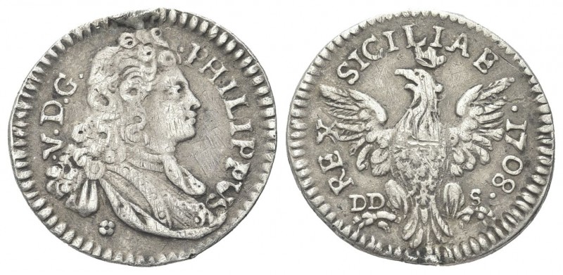 SICILIA
Filippo V di Spagna, 1701-1713.
Tarì 1708.
Ag, gr. 2,60
Dr. PHILIPPU...