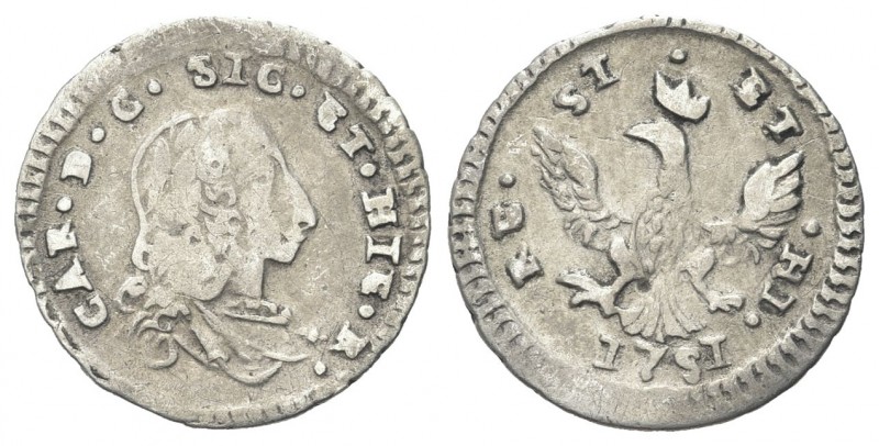 SICILIA
Carlo di Borbone, 1734-1759.
Mezzo Tarì 1751.
Ag, gr. 1,07
Dr. CAR D...