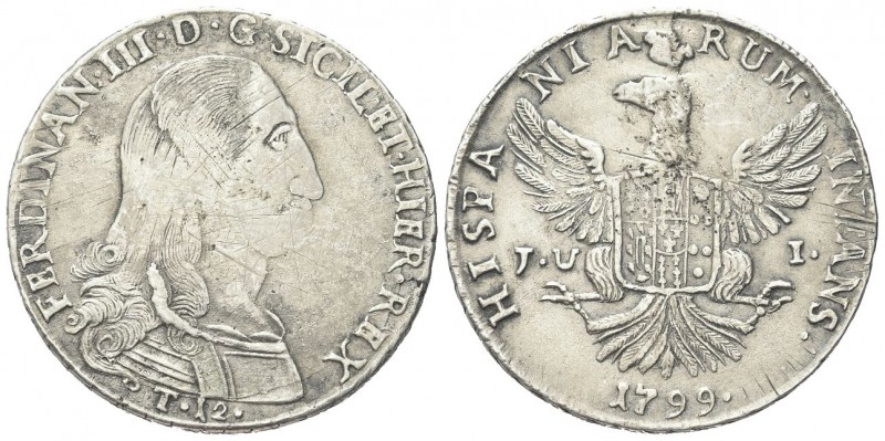 SICILIA
Ferdinando IV (I) di Borbone, 1759-1816.
12 Tarì 1799.
Ag, gr. 26,63...