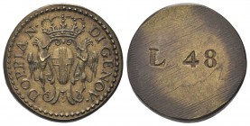 GENOVA
Dogi Biennali, 1528-1797. III Fase, 1637-1797.
Peso Monetale della Doppia di Genova.
Æ, gr. 12,55
Dr. DOPPIA N - DI GENOV. Stemma coronato ...