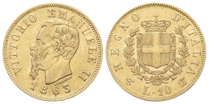 REGNO D’ITALIA
Vittorio Emanuele II, 1861-1878.
10 Lire 1863 Torino.
Au, mm 1...