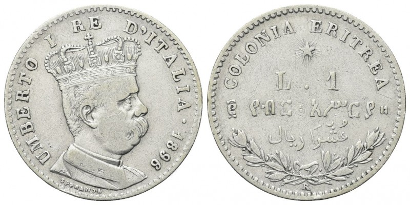 COLONIA ERITREA
Umberto I, 1890-1896.
Lira 1896 Roma.
Ag, 
Dr. Busto a d., i...