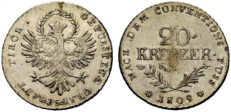 AUSTRIA
Francesco II, 1792-1835.
20 kreuzer 1809, Tirol-Hall.
Mi, gr. 6,62 
...