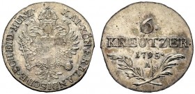 AUSTRIA
Francesco II, 1792-1806.
6 kreuzer 1795, A.
Mi, gr. 1,81 mm. -
KM#2127.
 Più di SPL