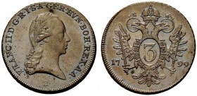 AUSTRIA
Francesco II, 1792-1806.
3 kreuzer 1799, B.
Æ, gr. 16,03 
KM#2115.1.
 q. FDC