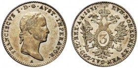 AUSTRIA
Francesco II, 1792-1835.
3 kreuzer 1831, A.
Mi, gr. 1,64 
KM#2121.
Rarissima. SPL
Collezione Mariano Tomarchio.