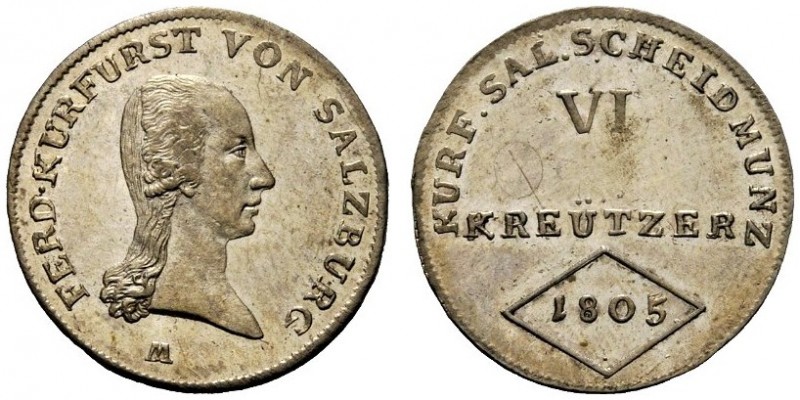 AUSTRIA
Ferdinando I, 1803-1806.
6 kreuzer 1805, Salisburgo.
Mi, gr. 2,63 
K...