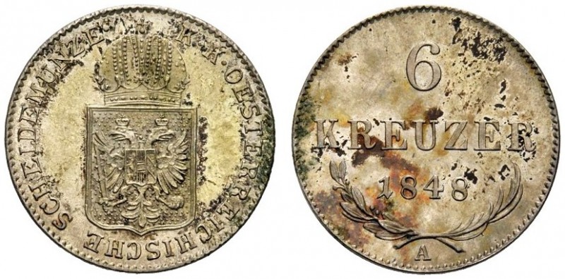 AUSTRIA
Francesco Giuseppe, 1848-1916.
6 kreuzer 1848, A.
Mi, gr. 2,20 mm. -...