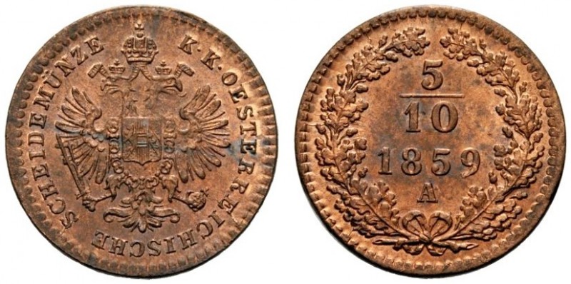 AUSTRIA
Francesco Giuseppe, 1848-1916.
5/10 di kreuzer 1859, A.
Æ, gr. 1,48 m...