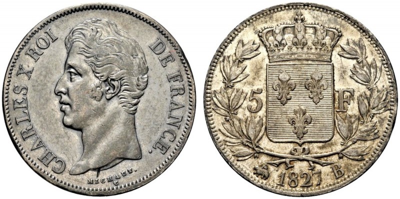 FRANCIA
Carlo X, 1824-1830.
5 franchi 1827, B, Rouen.
Ag, gr. 24,59 
Gad. 64...