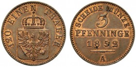GERMANIA
Prussia. Friedrich Wilhelm IV, 1840-1861.
3 Pfenning 1852, A.
Æ, gr. 4,52 
KM#453.
 FDC