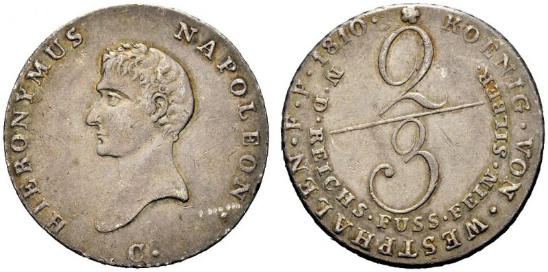 GERMANIA
Westphalia. Jerome Napoleon, 1807-1813.
2/3 di tallero 1810.
Ag, gr....