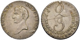 GERMANIA
Westphalia. Jerome Napoleon, 1807-1813.
2/3 di tallero 1810.
Ag, gr. 12,94 
KM#89.
 Rara. Buon BB