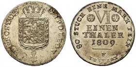 GERMANIA
Westphalia. Jerome Napoleon, 1807-1813.
1/6 di tallero 1809, F.
Ag, gr. 5,78 
KM#88.
 Rara. Delicata patina. q. FDC