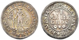 GERMANIA
Braunschweig-Lüneburg, Herzogtum -Wolfenbüttel. Rudolf August und Anton Ulrich, 1685-1704. 
6 Mariengroschen 1688, Zellerfeld. 
Ag, gr. 3,...