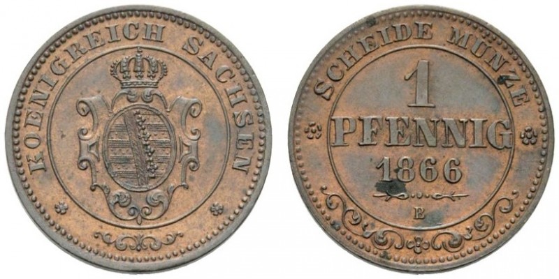 GERMANIA
Sassonia. Johann, 1854-1873.
Pfenning 1866, B.
Æ, gr. 1,48 mm. -
KM...