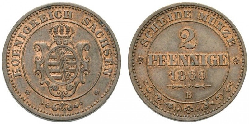 GERMANIA
Sassonia. Johann, 1854-1873.
2 Pfenning 1859, B.
Æ, gr. 2,99 mm. -
...