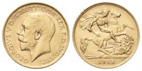 GRAN BRETAGNA
Giorgio V, 1910-1936. 
Mezza Sterlina 1911.
Au , gr. 3,98
Dr. Testa nuda a s.
Rv. San Giorgio a cavallo trafigge il drago.
S. 4006...