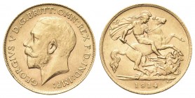 GRAN BRETAGNA
Giorgio V, 1910-1936. 
Mezza Sterlina 1914.
Au , gr. 3,99
Dr. Testa nuda a s.
Rv. San Giorgio a cavallo trafigge il drago.
S. 4006...