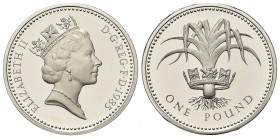 GRAN BRETAGNA
Elisabetta II, dal 1952.
Pound 1985, Welsh Leek.
Ag , gr. 9,53
Dr. Testa diademata a d.
Rv. Un porro (simbolo del Galles) entro dia...