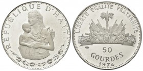 HAITI
Repubblica di Haiti, dal 1863.
50 Gourdes 1974.
Ag, gr. 16,63
Dr. Donna Haitiana con bambino.
Rv. Stemma nazionale.
KM#105.
 PROOF 
Auto...