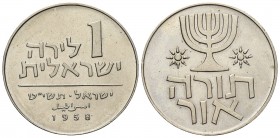 ISRAELE
Repubblica, dal 1949.
Lira 1958.
Ni/Cu, gr. 14,14
Dr. Valore in caratteri ebraici e arabi; sotto, data.
Rv. Menorah tra due stelle a otto...
