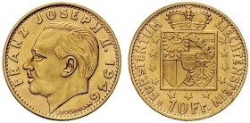 LIECHTENSTEIN
Francesco II, 1938-1989.
10 franchi 1946.
Au, gr. 3.23
KM#Y14; Fried. 18.
 FDC
Autore: L. Giorgi (diritto). Il potere d’acquisto e...