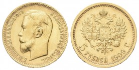 RUSSIA
Nicola II, 1894-1917.
5 rubli 1909.
Au, 
Bitkin 34.Fr.180.
Molto Rara. q. FDC