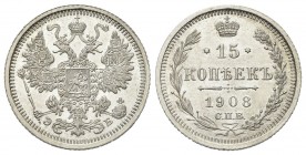 RUSSIA
Nicola II, 1894-1917.
15 Kopeki 1908.
Ag, gr. 2,65 
Y#21a2; Bit. 134.
 FDC