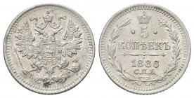 RUSSIA
Alessandro III, 1881-1894.
5 Kopeki 1886.
Ag, gr. 0,86 mm. -
Bit. 146.
 SPL