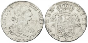 SPAGNA
Carlo IV, 1788-1808.
8 Reales 1798, Siviglia.
Ag, gr. 26,76 
KM#C71.2.
 Rara. Buon BB