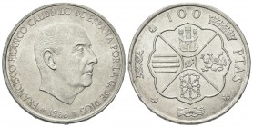 SPAGNA
Generale Franco, 1939-1975.
100 Pesetas 1966 (69).
Ag, gr. 19,15 
KM#797.
Molto Rara. q. FDC