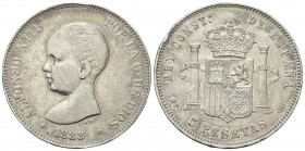 SPAGNA
Alfonso XIII, 1886-1931.
5 Pesetas 1888 (88) Madrid (MP-M).
Ag, gr. 24,90
Dr. Busto puerile a d.
Rv. Stemma coronato tra due colonne.
KM#...