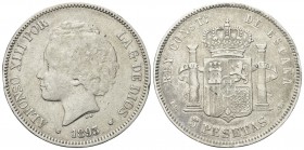 SPAGNA
Alfonso XIII, 1886-1931.
5 Pesetas 1893 (93) (PG-L).
Ag, gr. 24,74
Dr. Testa puerile a s.
Rv. Stemma coronato tra due colonne.
KM#700.
 ...